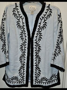 Linea by Louis Dell'Olio XS Light Blue Black Vintage Linen Embroidered Jacket
